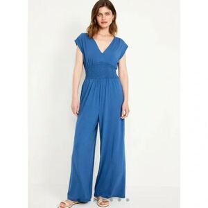 Old Navy Romper Women's Size XXL Blue NWT Wide Leg Jersey Travel V Neck Tie Back